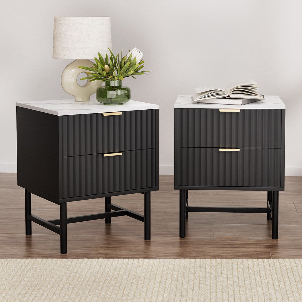Artiss Black Bedside Tables with Two Drawers, Set of 2