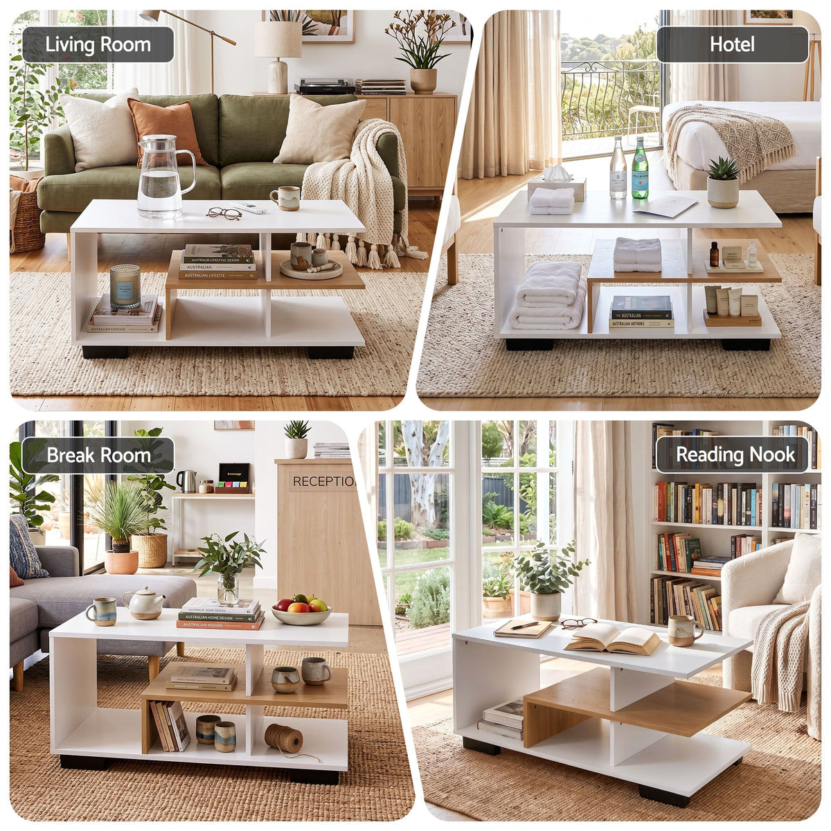 Artiss White and Wood Finish Coffee Table, 90 cm
