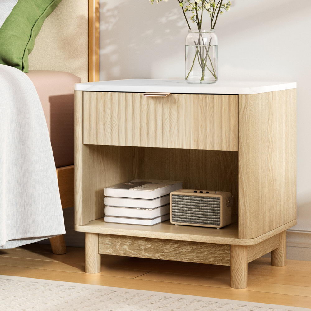 Artiss Pine Finish Bedside Table with Drawer and Shelves
