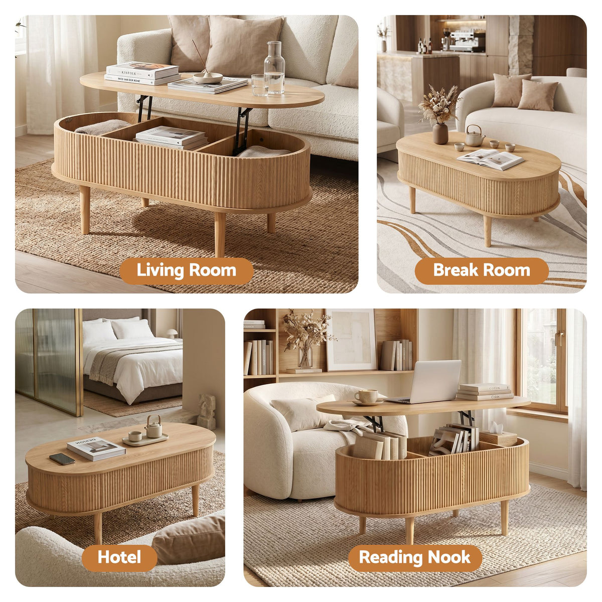 Artiss Oval Fluted Lift Top Coffee Table, 100 cm