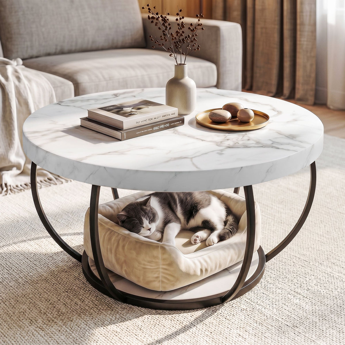 Artiss White and Black Round Marble Effect Coffee Table