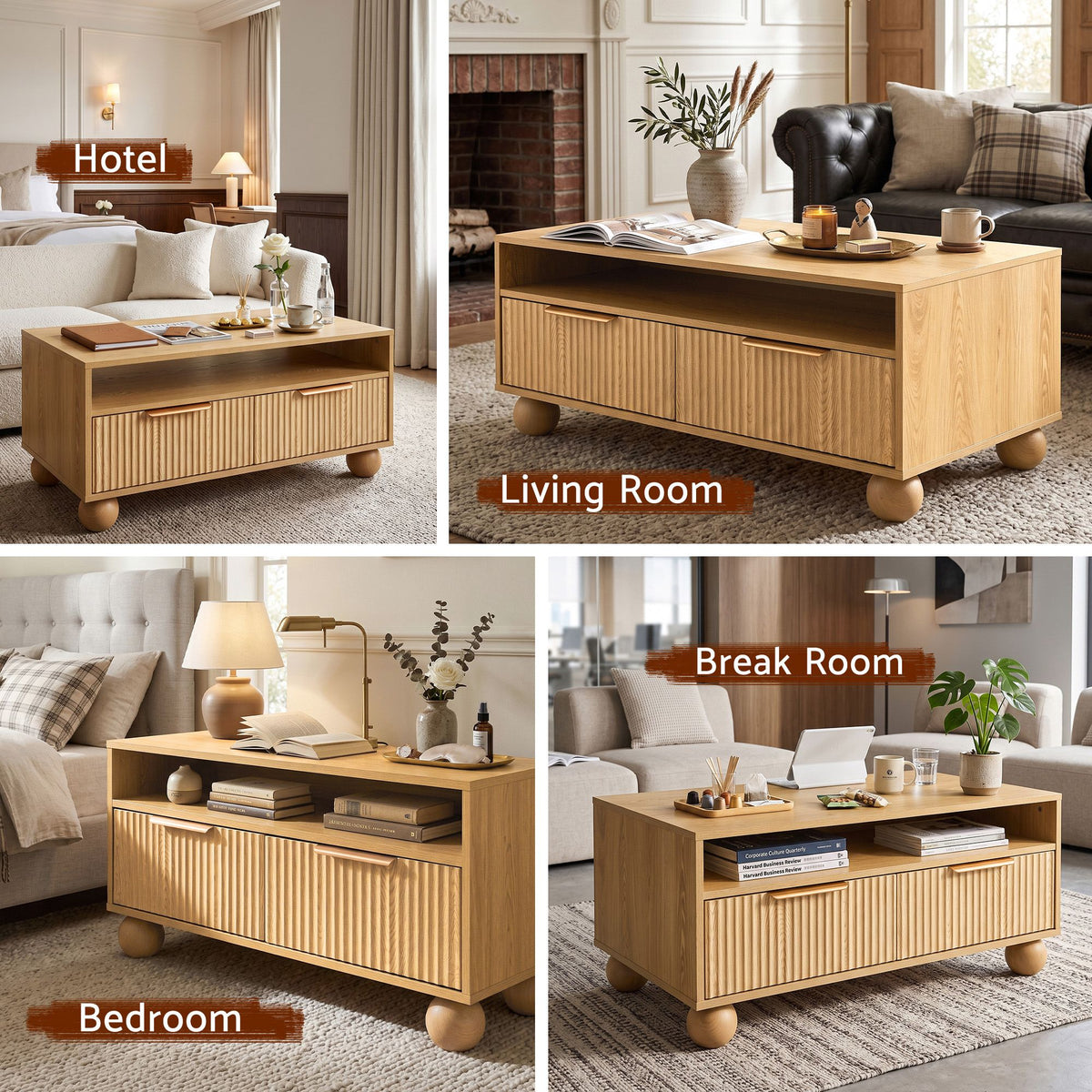 Artiss Fluted Coffee Table with Drawers, 90 cm