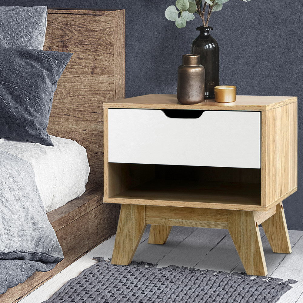 Artiss Iker White and Oak Finish Bedside Table