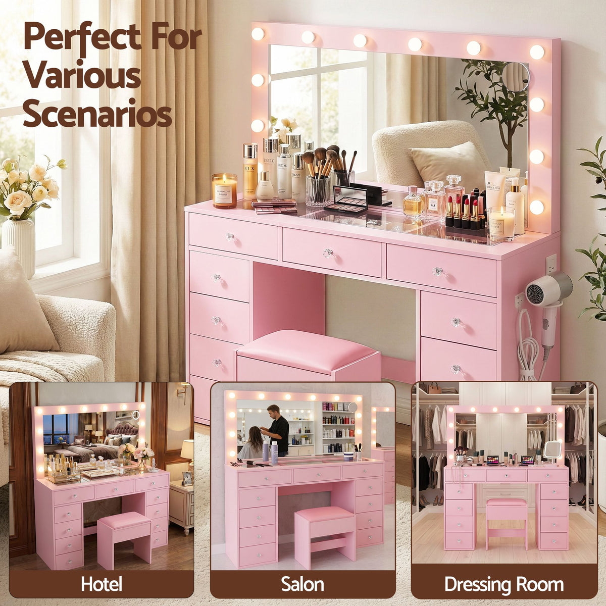Artiss Pink LED Dressing Table Set with Charging Station
