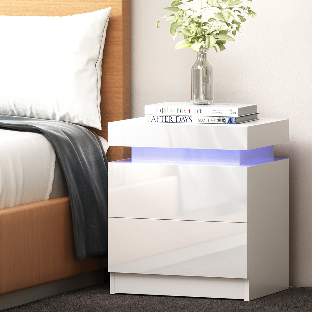 Artiss Coley White LED Bedside Table with Lift Up Storage