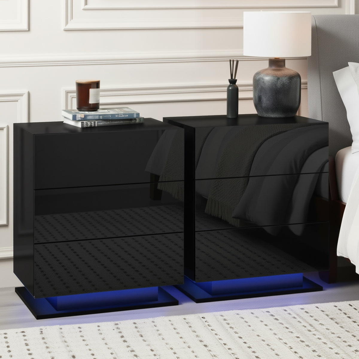 Artiss Mori Black LED Bedside Tables, Set of 2