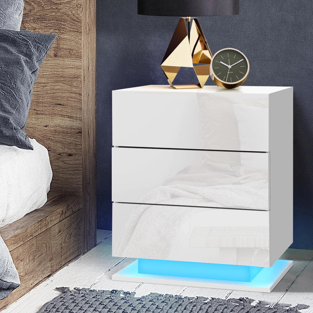 Artiss Mori White LED Bedside Table with Three Drawers