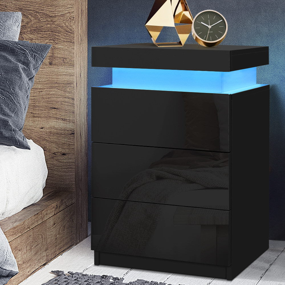 Artiss Coley Black LED Bedside Table with Three Drawers