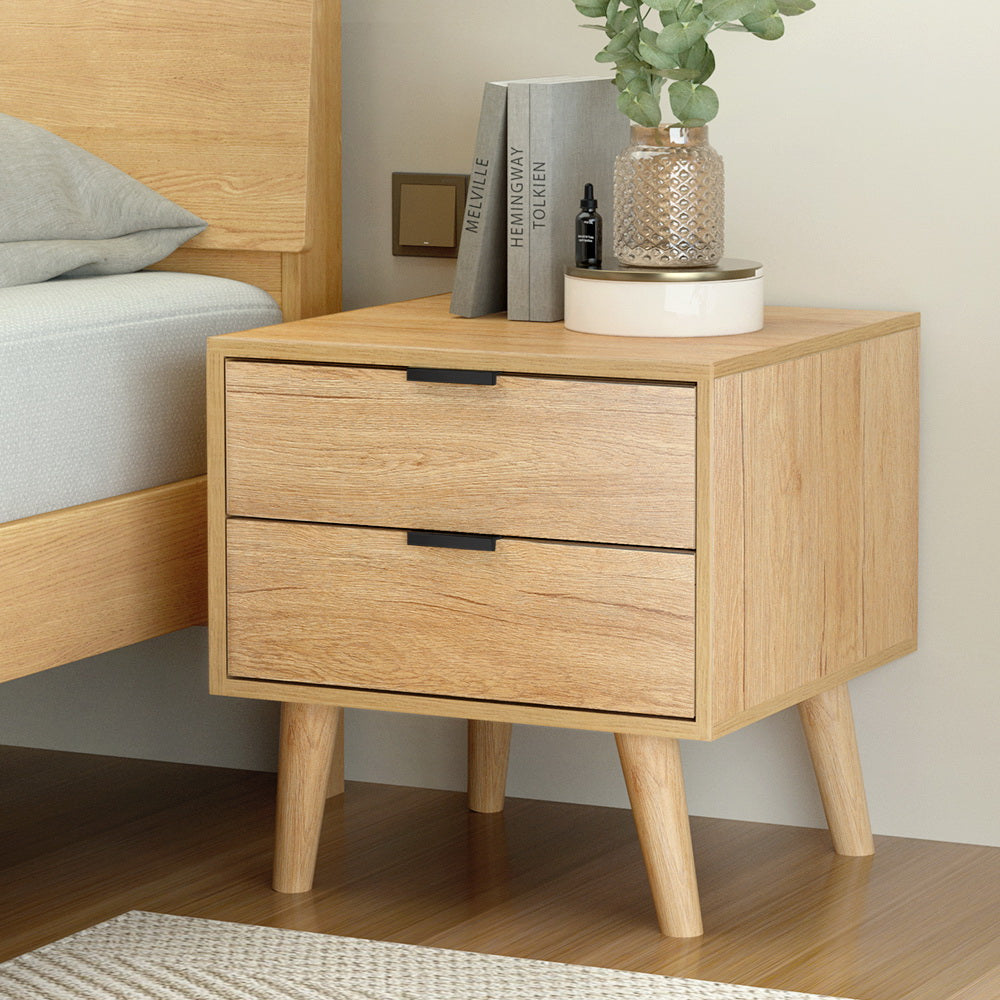 Artiss Pine Finish Bedside Table with Two Drawers, 50 cm