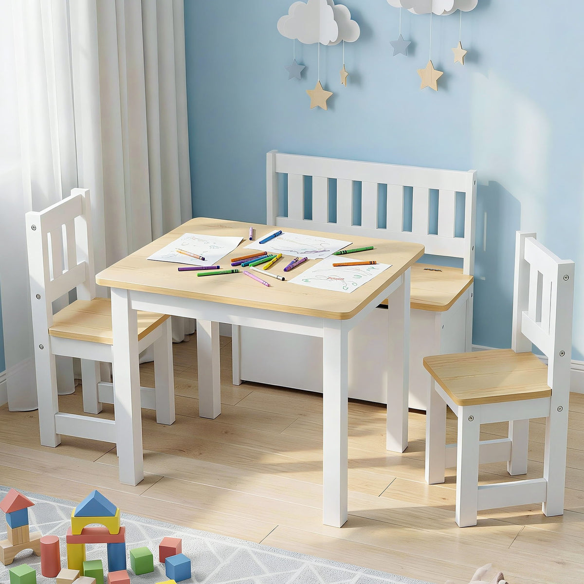 Keezi Kids Table, Two Chairs and Storage Bench Set