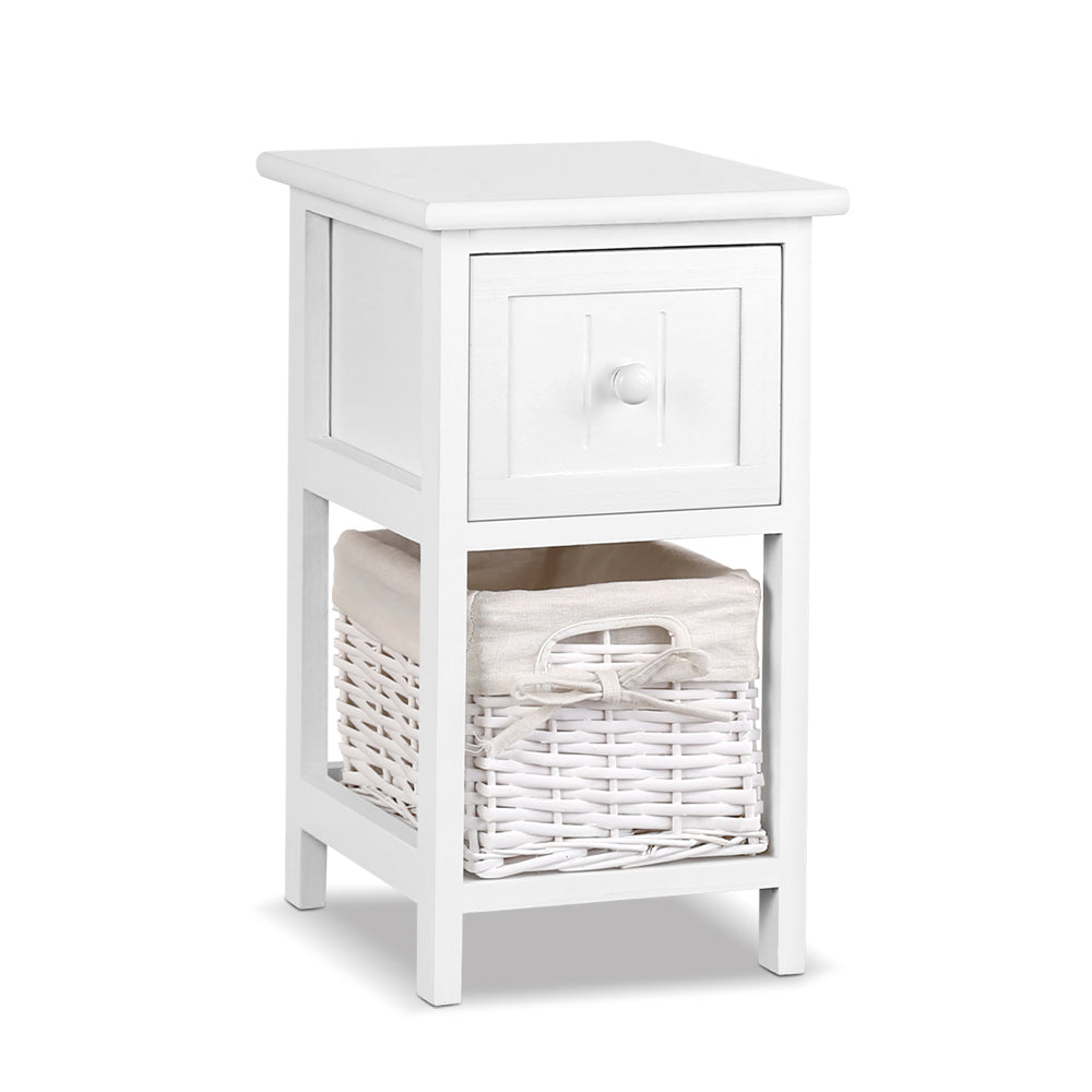 Artiss White Bedside Tables with Baskets, Set of 2