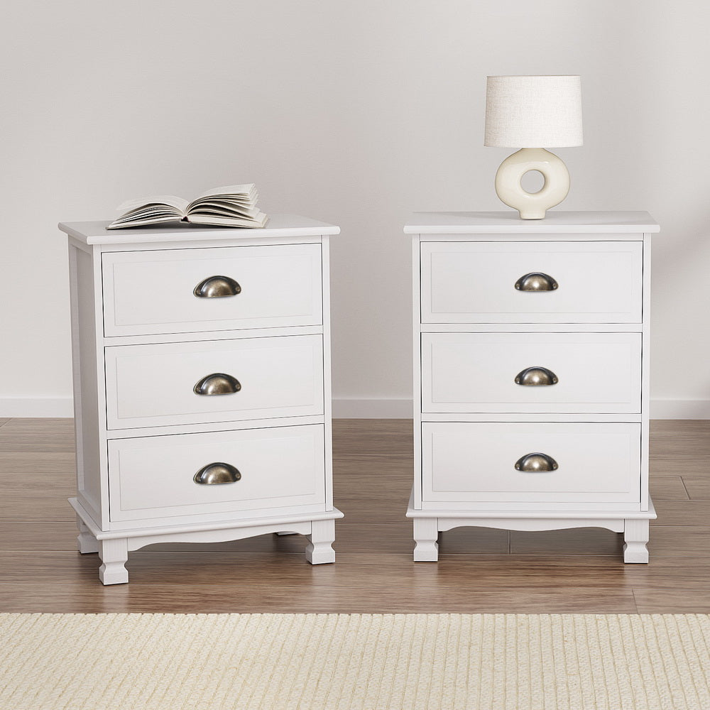 Artiss Thyme White Three Drawer Bedside Tables, Set of 2