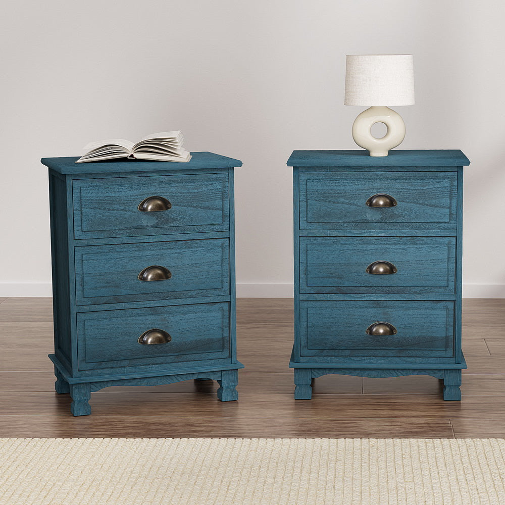 Artiss Thyme Blue Three Drawer Bedside Tables, Set of 2