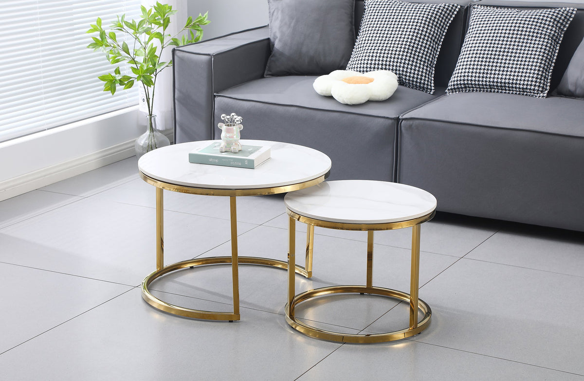 White Marble Look Nesting Coffee Tables with Gold Frames