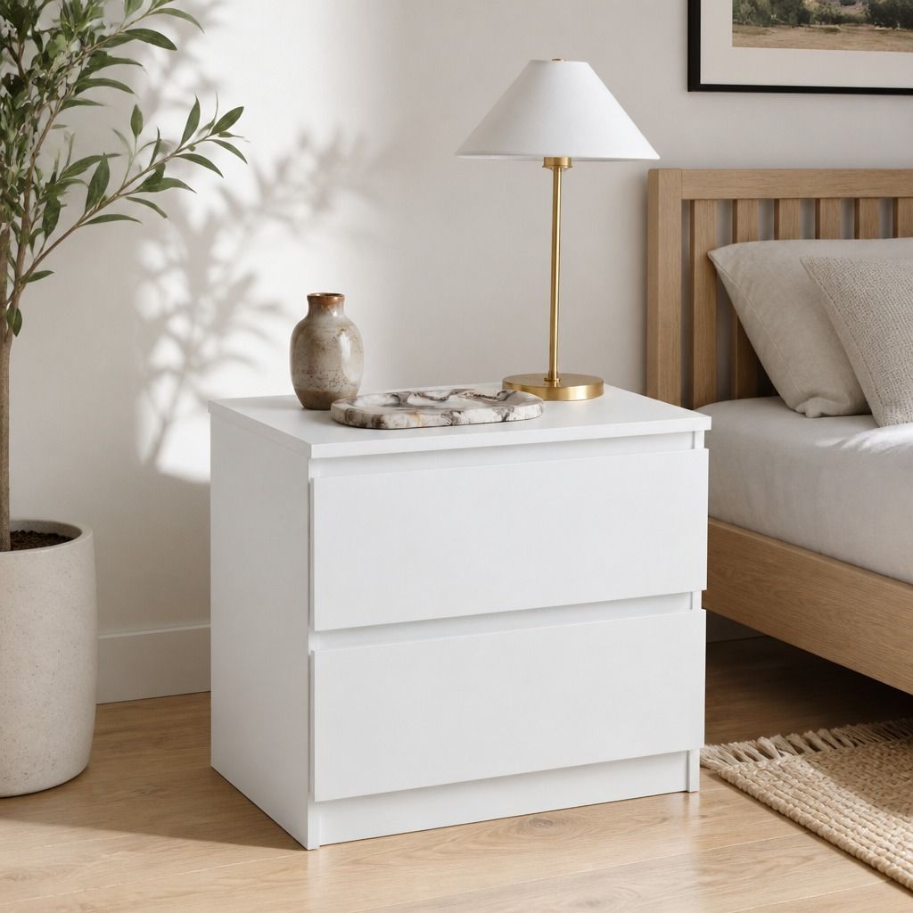 Hyggo Warm White Bedside Table with Two Drawers