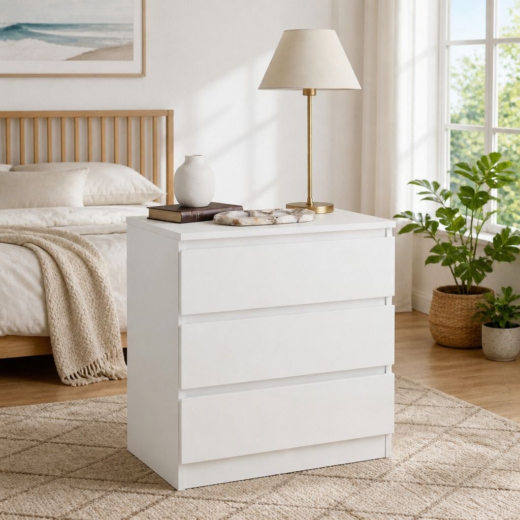 Hyggo Warm White Bedside Table with Three Drawers