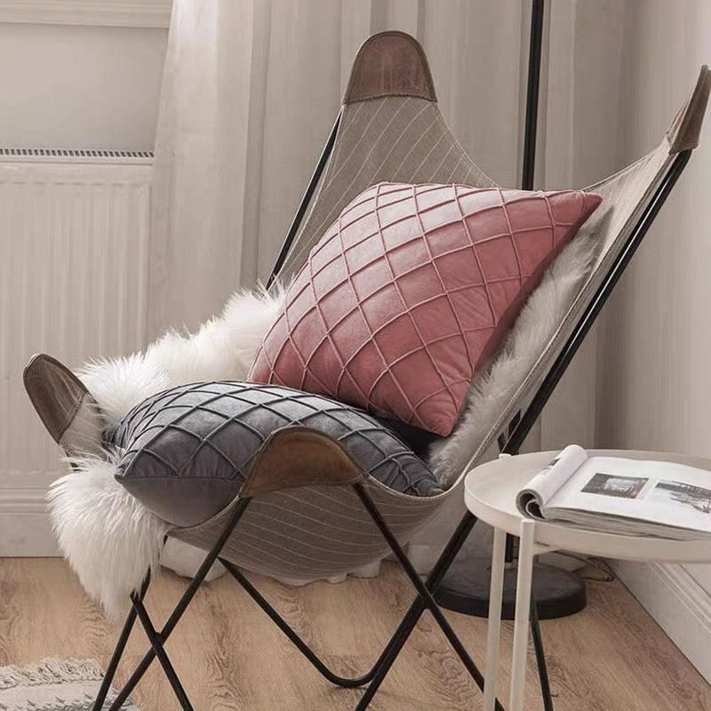 Velvet Cushion Cover Pleated Checked Plaid Plush Decorative Lounge Cushion Cover - White