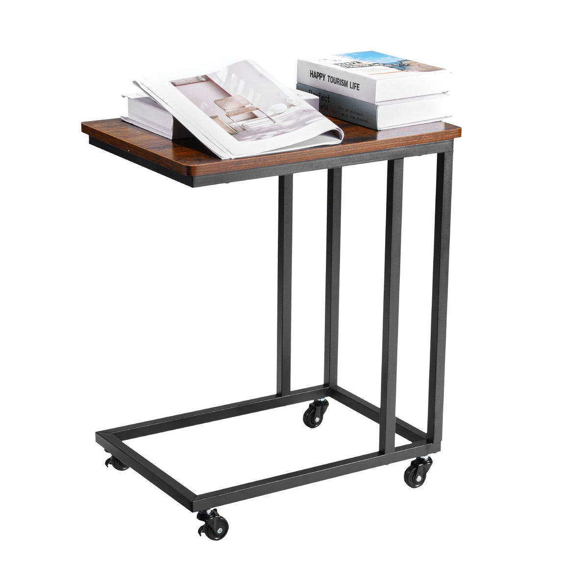 Brown and Black C Shaped Side Table with Wheels