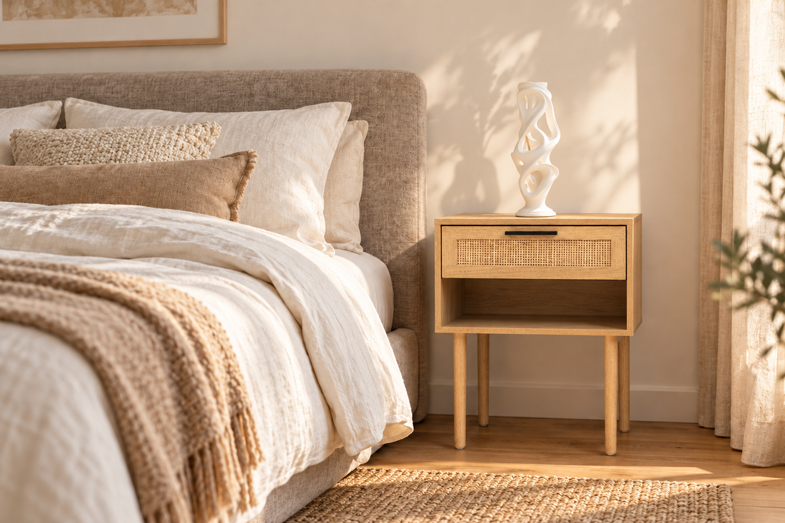 Neutral bedroom with rattan drawer bedside table and white sculptural vase