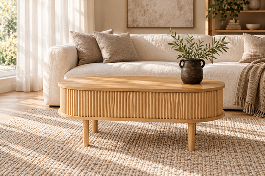Warm neutral living room with an oval fluted coffee table and ceramic vase