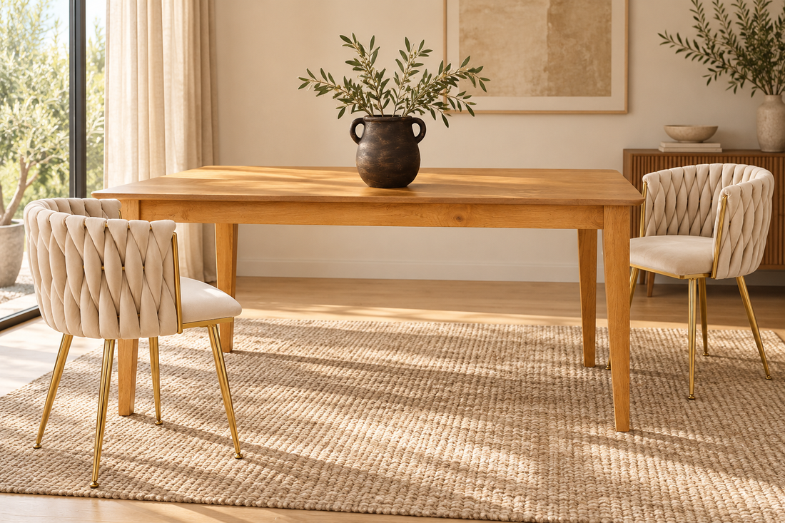 Warm dining room with natural timber table, ivory woven chairs and ceramic vase