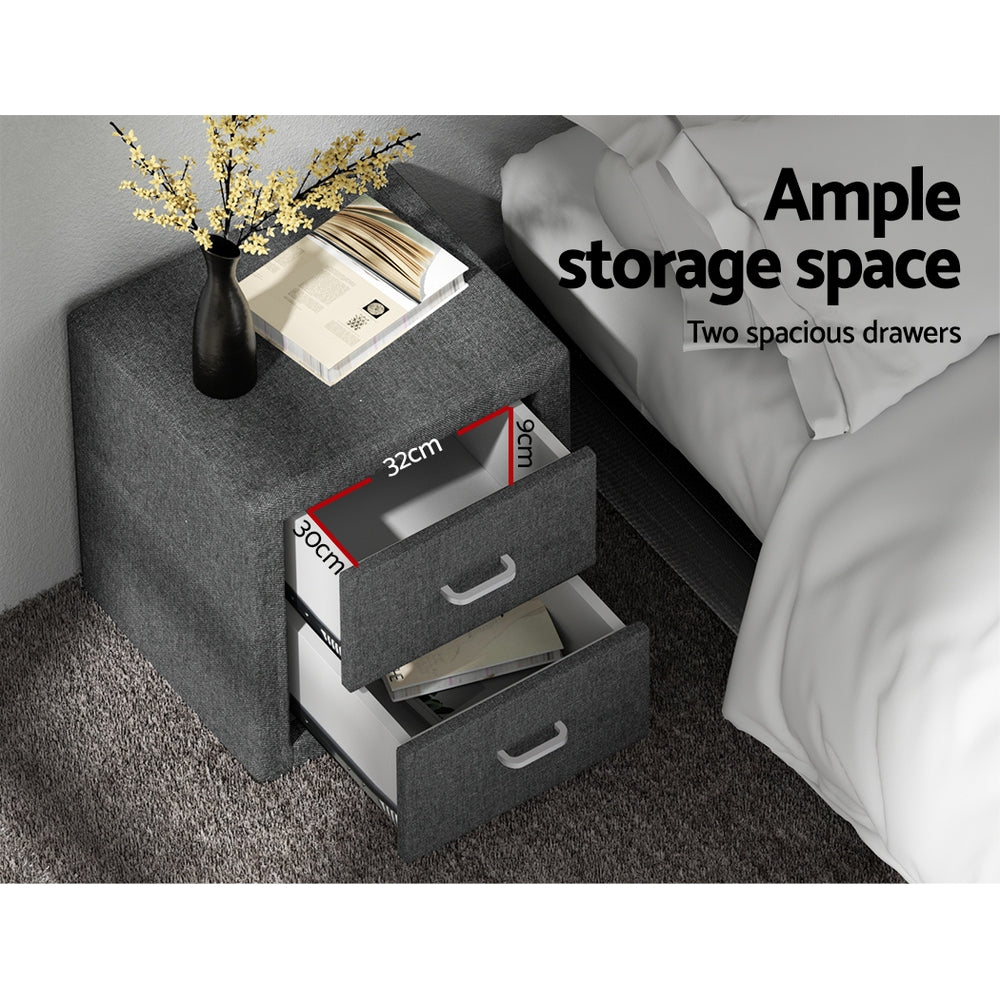 Artiss Caden Grey Fabric Bedside Table with Two Drawers