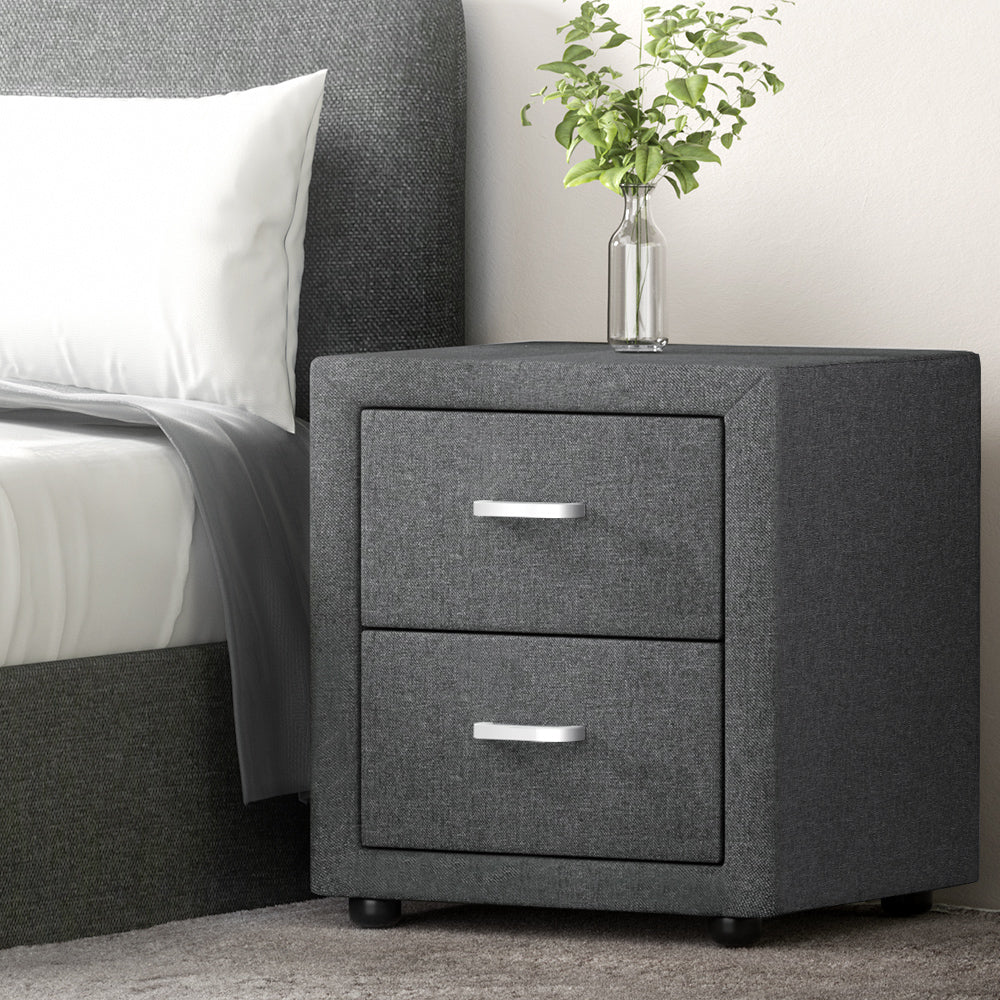 Artiss Caden Grey Fabric Bedside Table with Two Drawers
