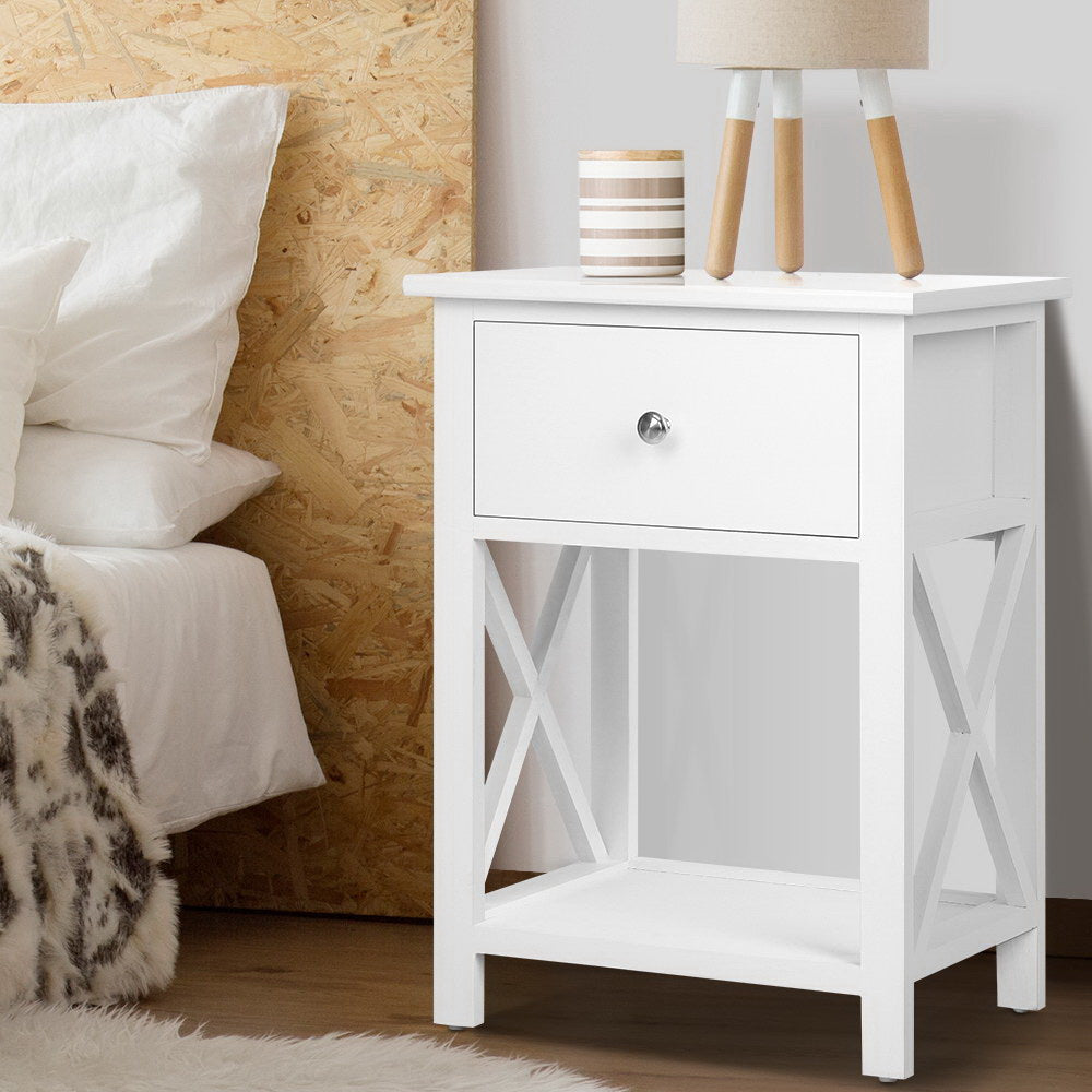 Artiss Emma White Bedside Table with Drawer and Shelf