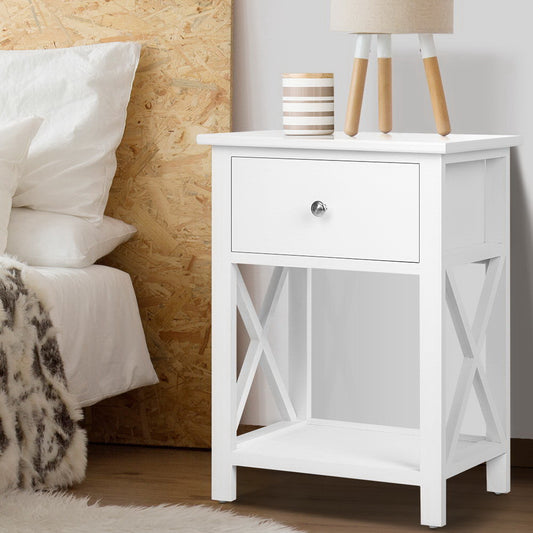 Artiss Emma White Bedside Table with Drawer and Shelf