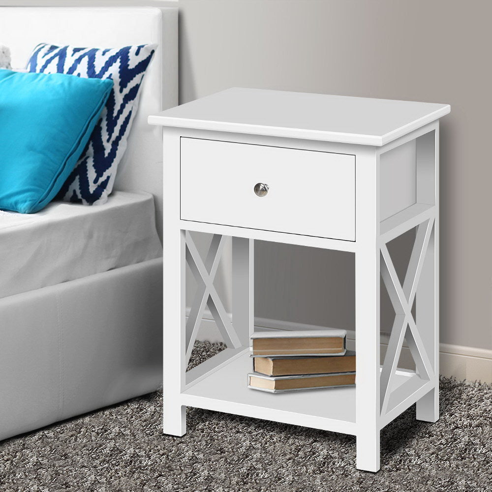 Artiss Emma White Bedside Table with Drawer and Shelf