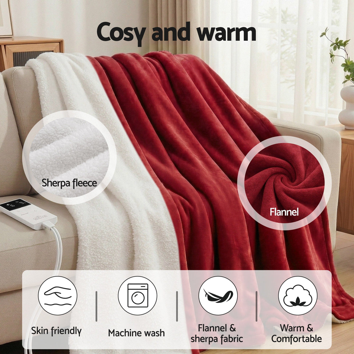 Giselle Electric Throw Rug Dual Side Fleece Flannel Heated Blanket Burgundy