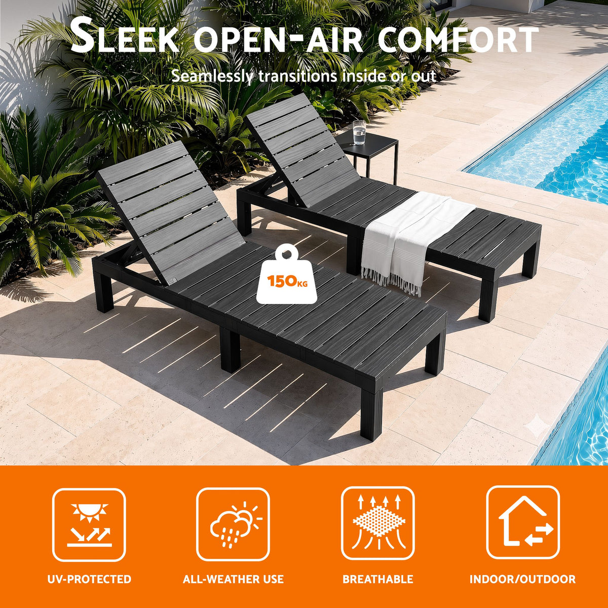 Gardeon 2X Foldable Sun Lounges Outdoor Recliner Patio Beach Chair Slatted Black