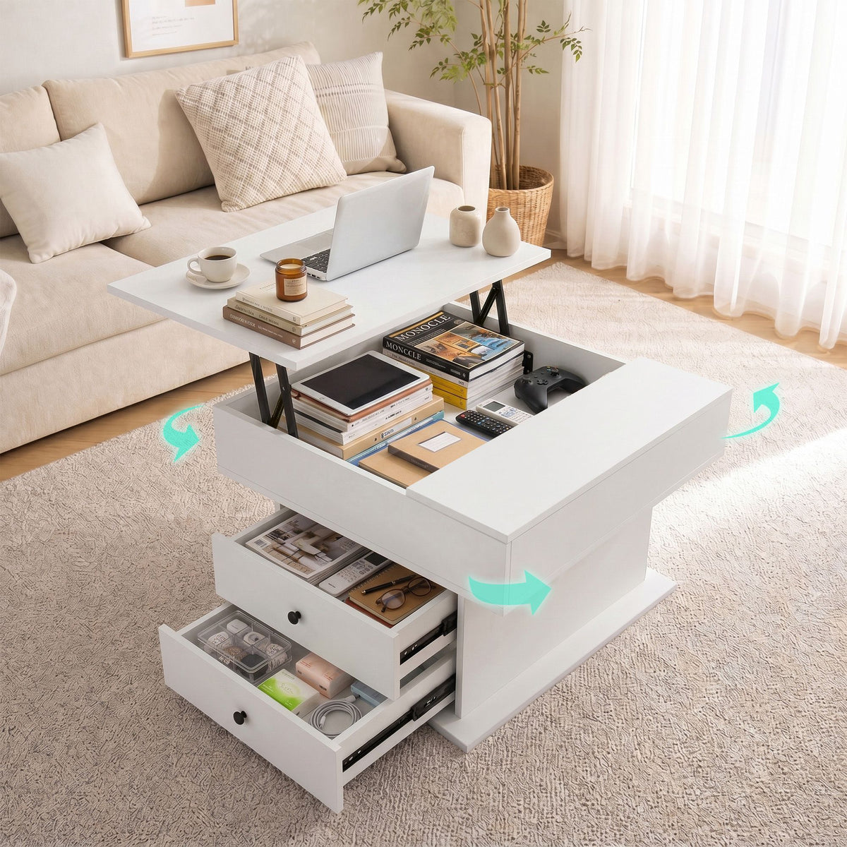 Artiss White Lift Top Coffee Table with Rotating Top