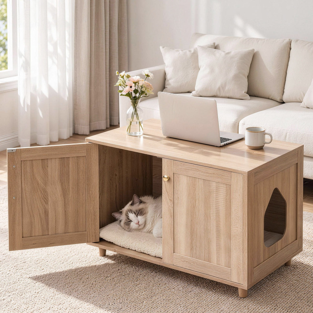 Artiss Coffee Table with Cat House, 80 cm