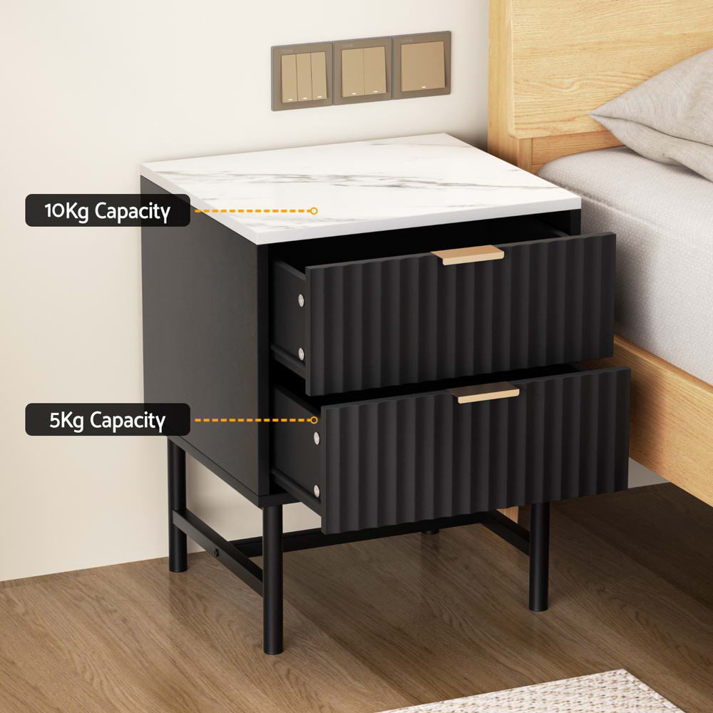 Artiss Black Bedside Tables with Two Drawers, Set of 2