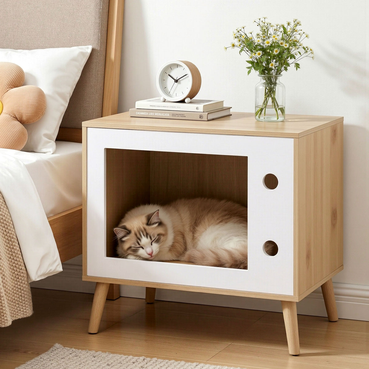 Artiss Cat Nest Bedside Table in Pine and White, 60 cm