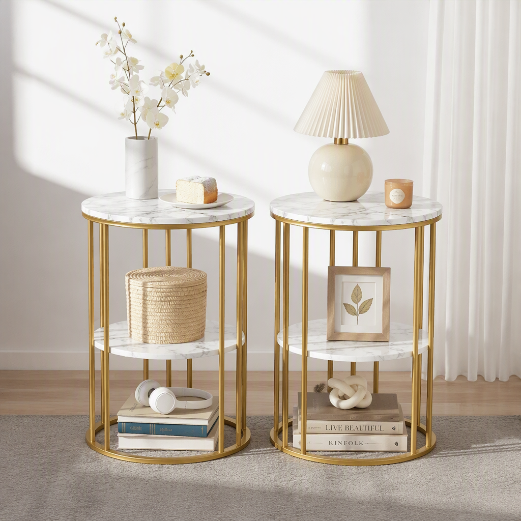 Artiss Marble Effect Side Tables in White and Gold, Set of 2