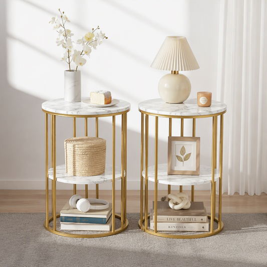 Artiss Marble Effect Side Tables in White and Gold, Set of 2