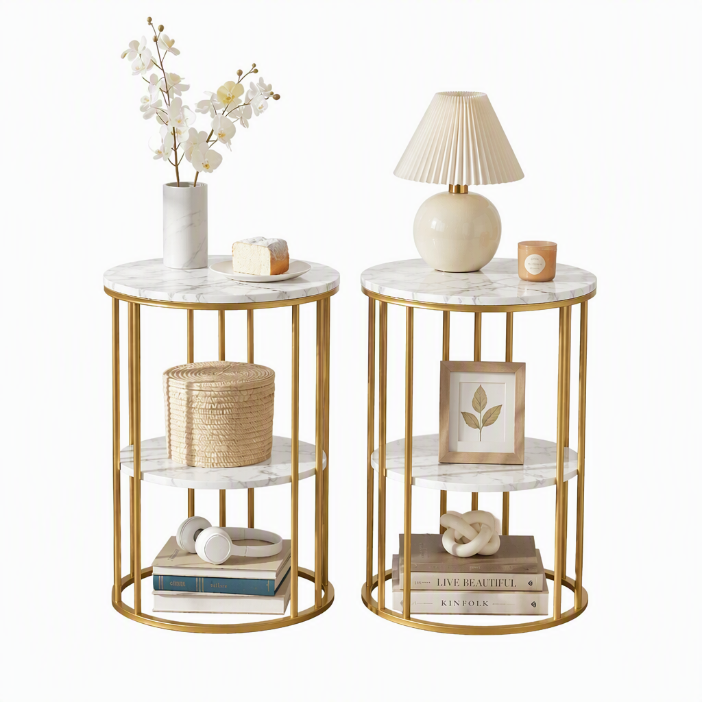 Artiss Marble Effect Side Tables in White and Gold, Set of 2