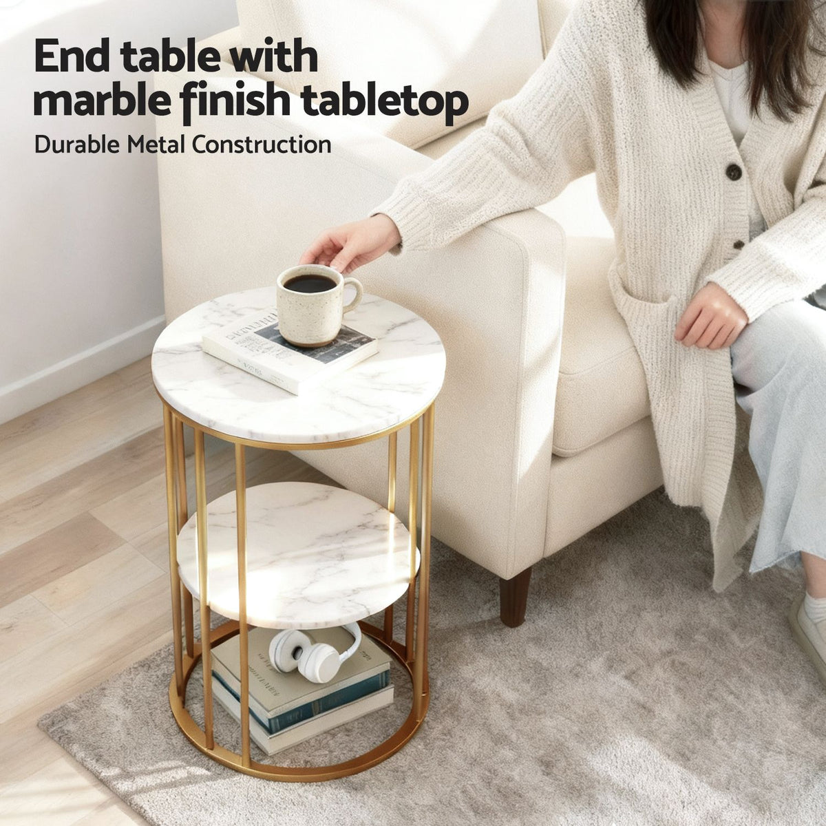 Artiss Marble Effect Side Tables in White and Gold, Set of 2