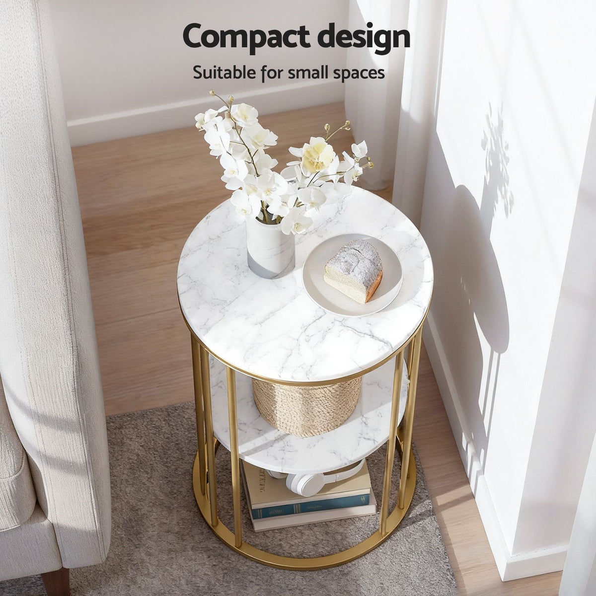 Artiss Marble Effect Side Tables in White and Gold, Set of 2