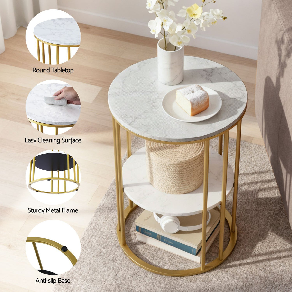 Artiss Marble Effect Side Tables in White and Gold, Set of 2