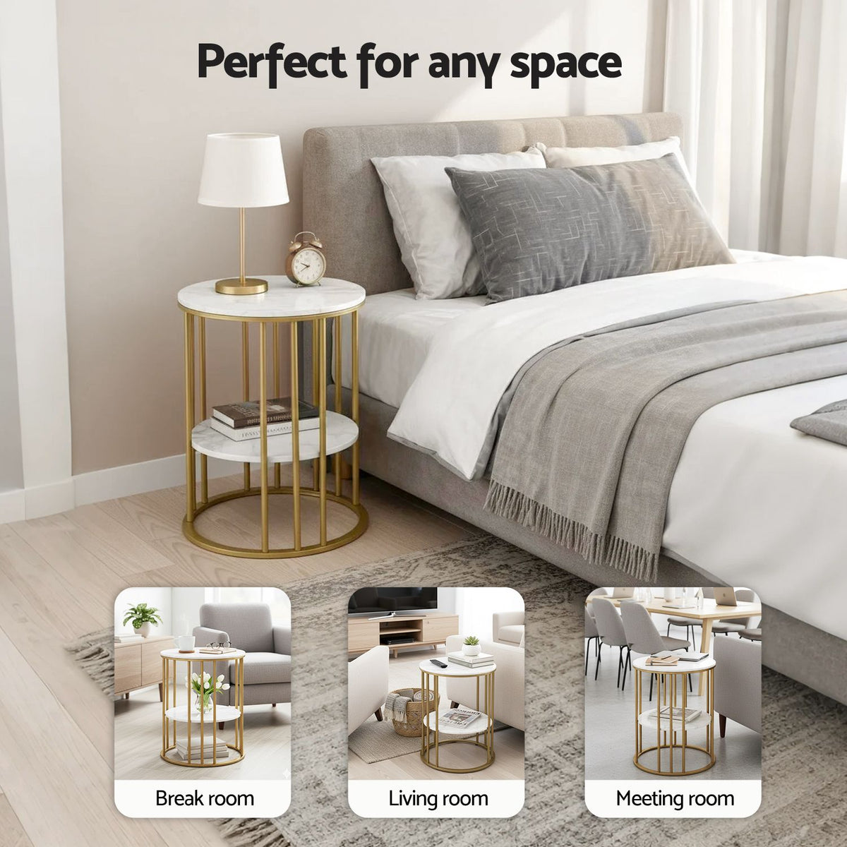 Artiss Marble Effect Side Tables in White and Gold, Set of 2