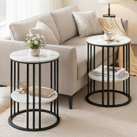 Artiss Round Marble Effect Side Tables, Set of 2