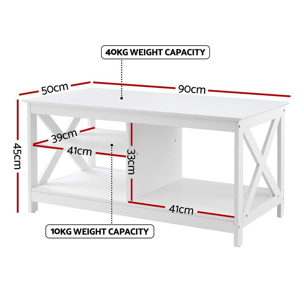 Artiss White Coffee Table with Storage Shelves