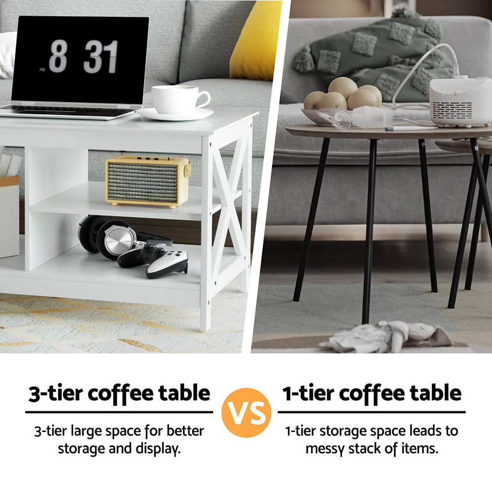 Artiss White Coffee Table with Storage Shelves