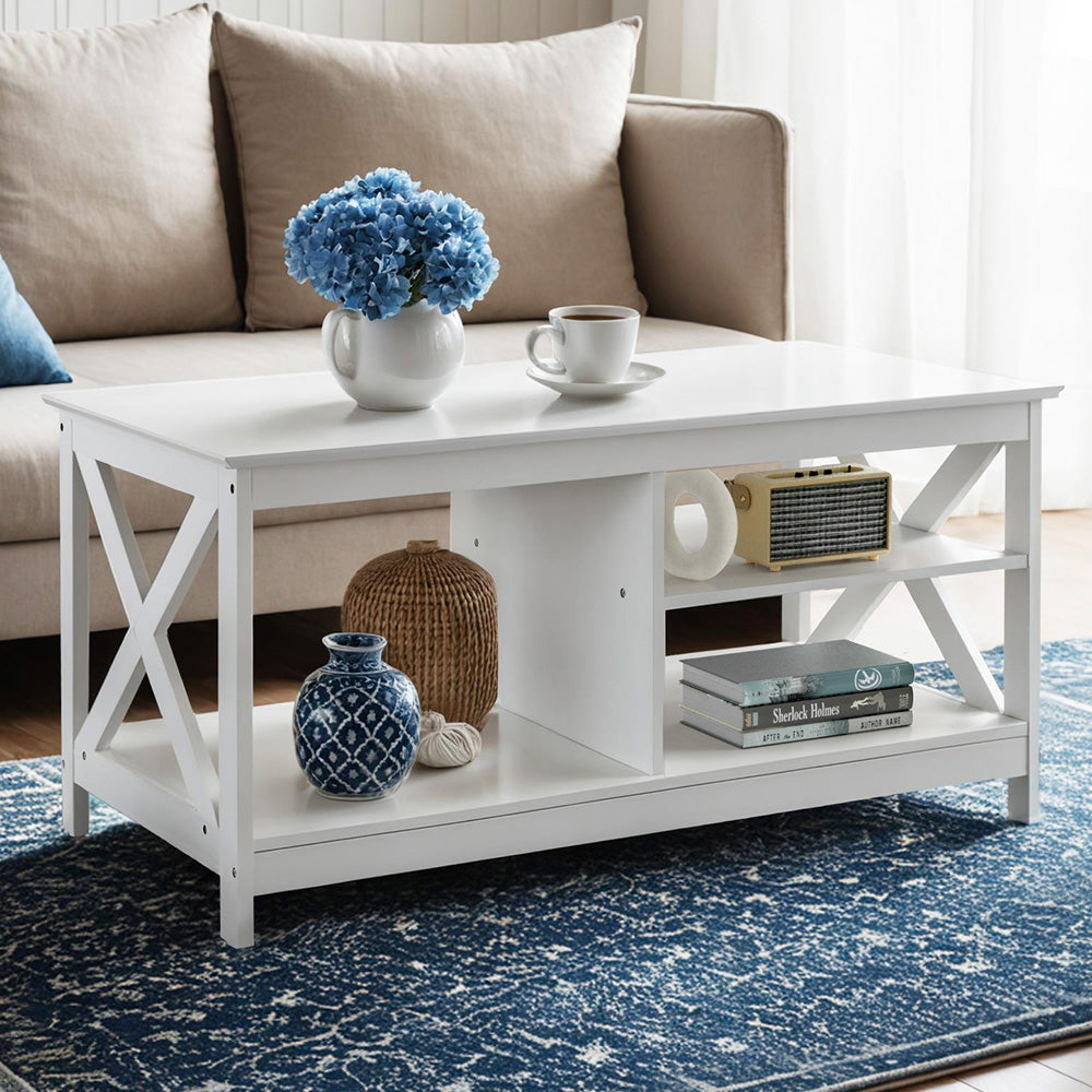 Artiss White Coffee Table with Storage Shelves