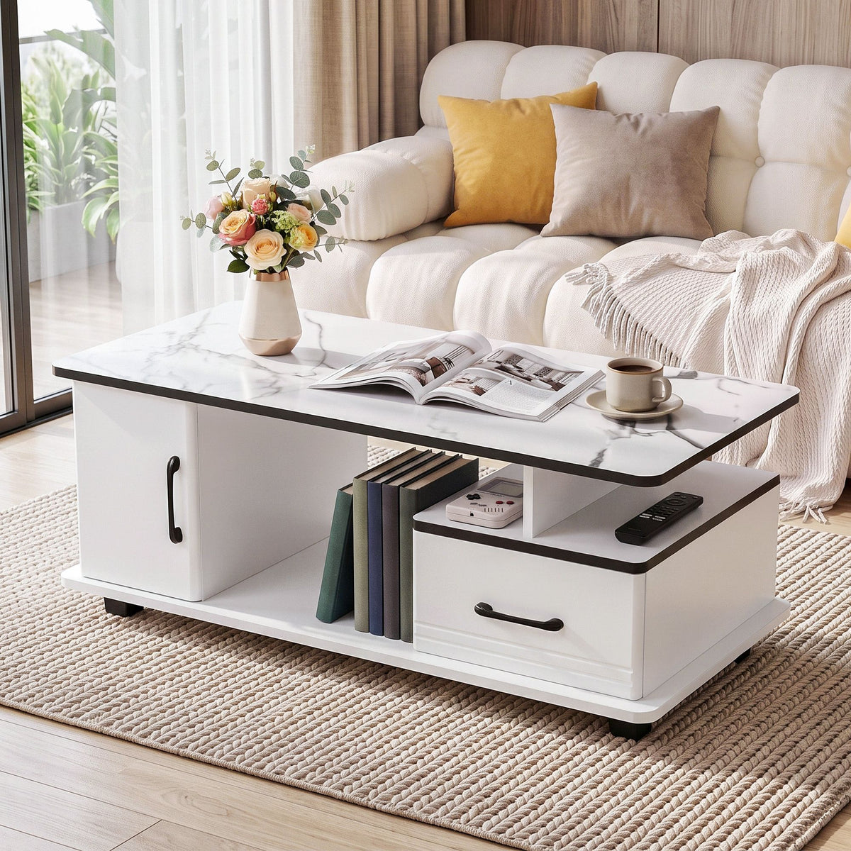 Artiss White Marble Effect Coffee Table with Storage