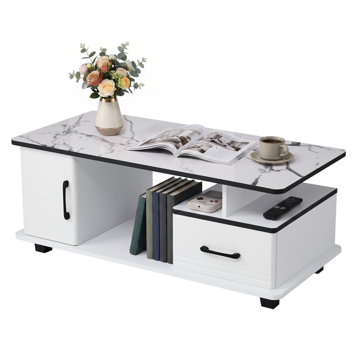 Artiss White Marble Effect Coffee Table with Storage