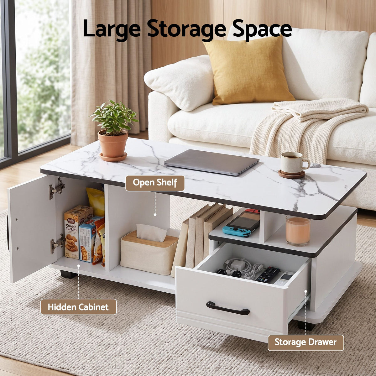 Artiss White Marble Effect Coffee Table with Storage
